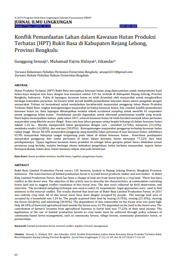 Konflik Pemanfaatan Lahan dalam Kawasan Hutan Produksi  Terbatas (HPT) Bukit Basa di Kabupaten Rejang Lebong, Provinsi Bengkulu